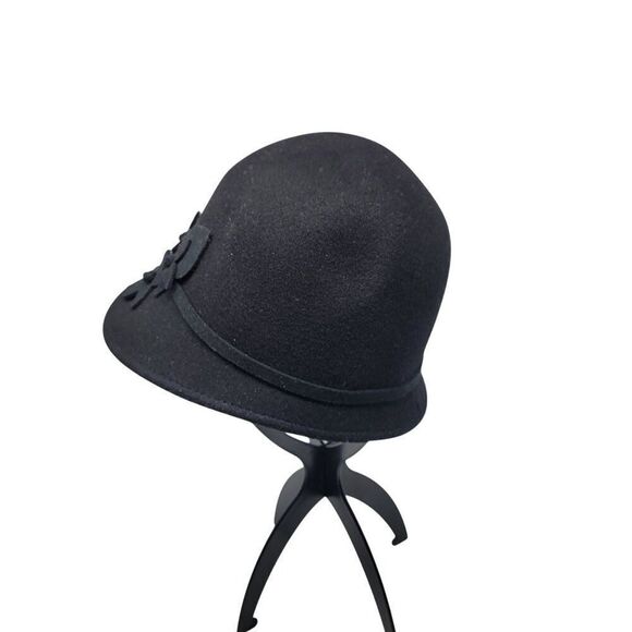 Giovannio Womens Black Wool Felt Cloche Hat Ribbon Flower Bow Retro Roaring 20s - Picture 5 of 8